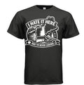 Black t shirt with “I hate here and I’m never leaving” logo