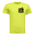 A bright neon yellow short-sleeve t-shirt with a black graphic on the left chest depicting  the New England states with the Phrase "I Hate it here, and never Leaving"