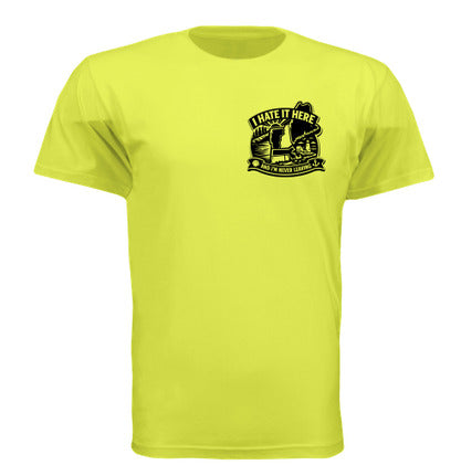 A bright neon yellow short-sleeve t-shirt with a black graphic on the left chest depicting  the New England states with the Phrase "I Hate it here, and never Leaving"