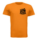 A bright orange short-sleeve crewneck t-shirt with a black graphic on the left chest depicting the New England states with the phrase "I Hate it here, And im never Leaving"