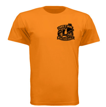 A bright orange short-sleeve crewneck t-shirt with a black graphic on the left chest depicting the New England states with the phrase "I Hate it here, And im never Leaving"